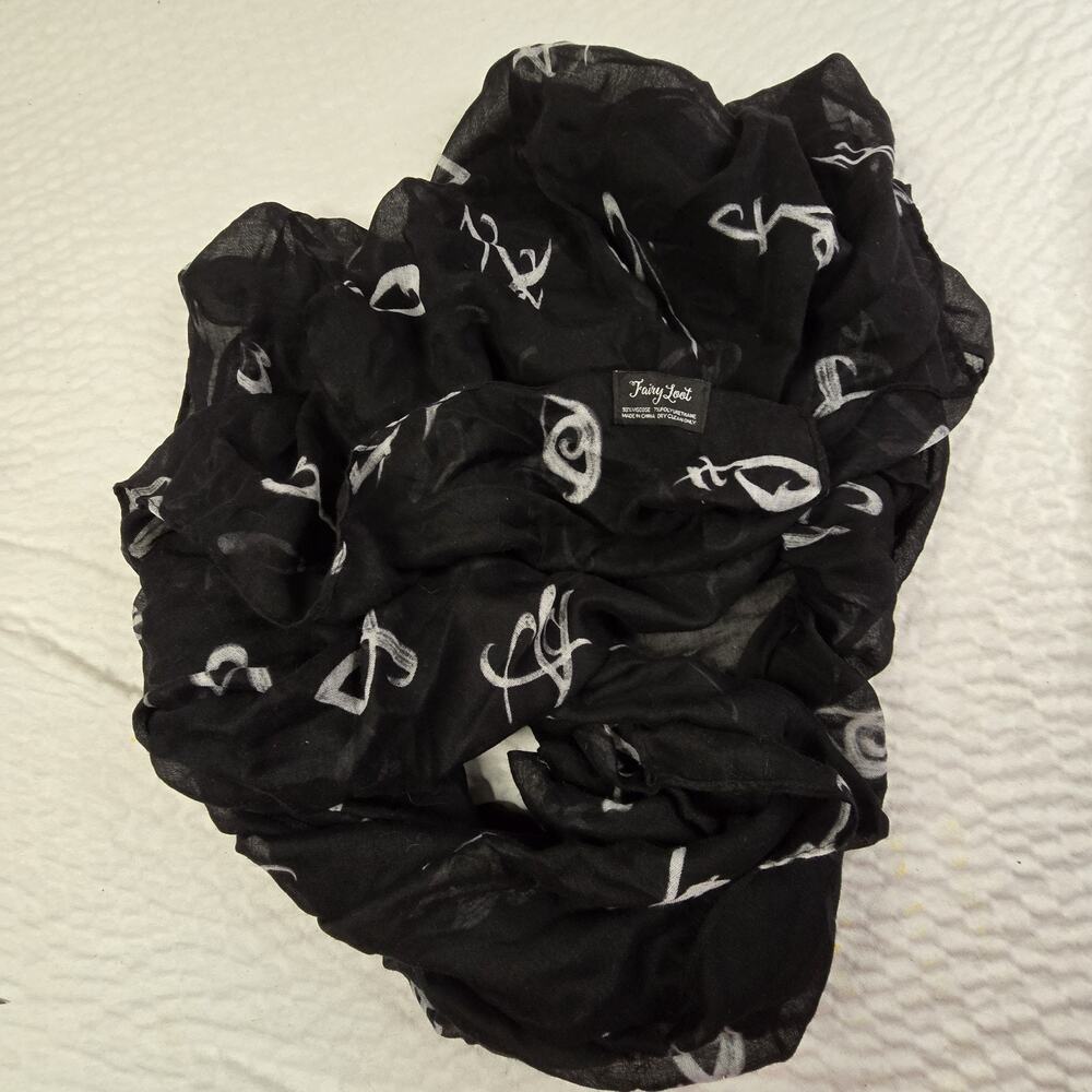 FairyLoot Scarf Limited Edition Black w/ Gray Swirls 34"x74" Whimsy Fantasy